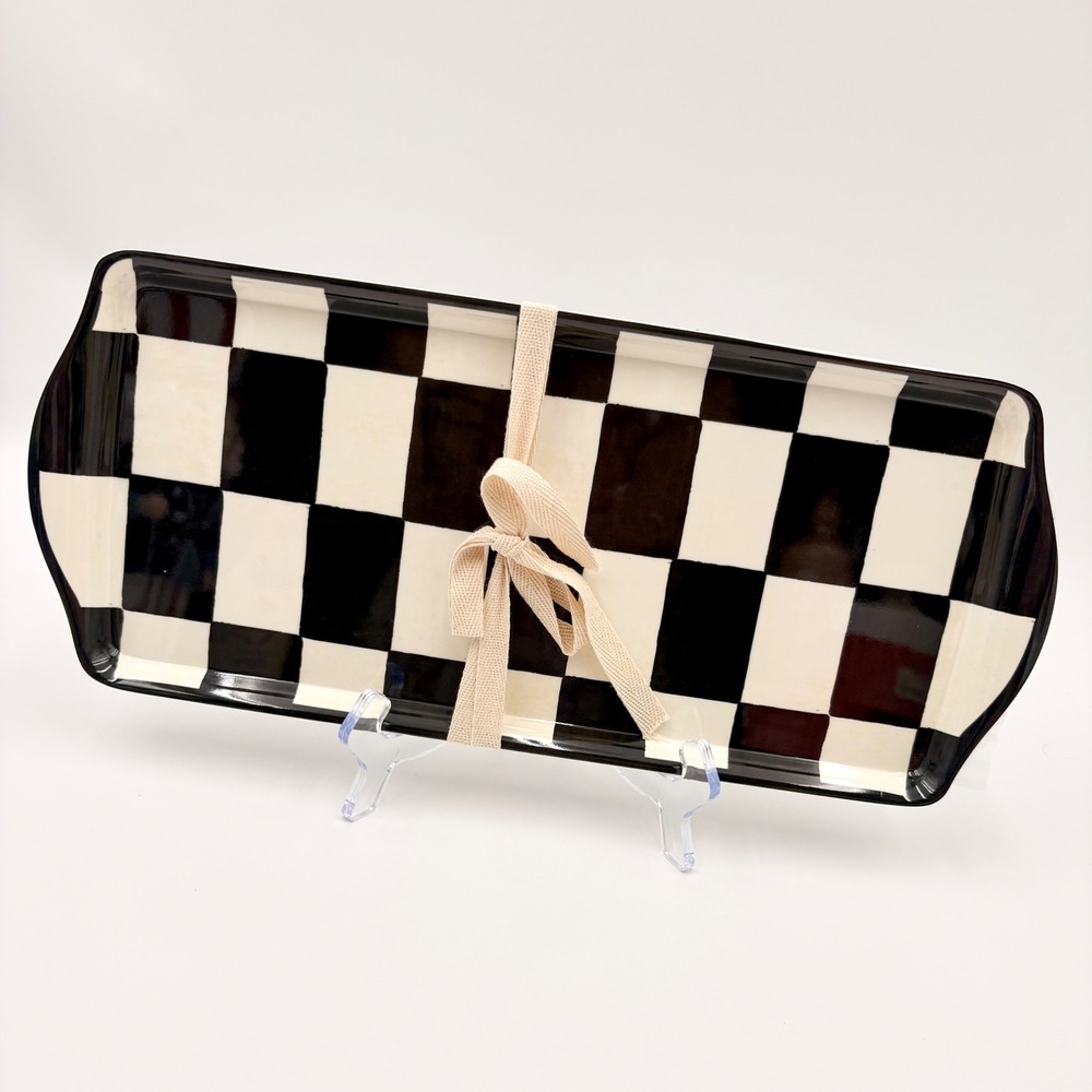Set of 2 Black and White Checkered Melamine Serving Platters Rectangular Courtly